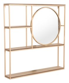 a gold shelf with a mirror on top and shelves below it, both side by side