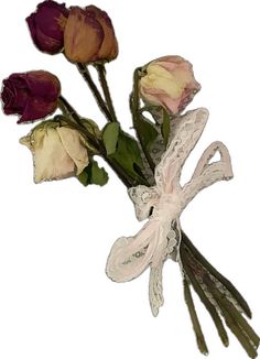 three different colored roses in a vase on a white background, with the stems still attached