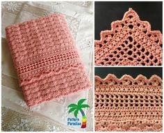 the crocheted blanket is made with pink yarn and has two different patterns on it