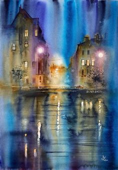 watercolor painting of two buildings at night with street lights reflecting in the wet surface