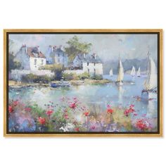 an oil painting of boats on the water and flowers in front of buildings with sailboats