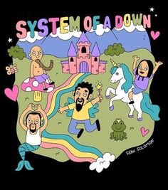 the system of a down album cover with an image of people on horses and unicorns