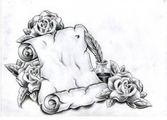 a drawing of an old scroll with roses and ink pen on it, next to a rose tattoo design