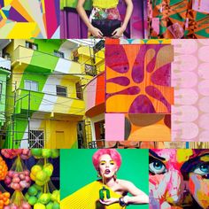 a collage of photos with different colors and patterns on them, including an image of a woman holding a beer