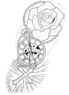 a drawing of a rose on a chain with a pocket watch in the foreground