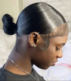 silk press slicked back bun Short Silkpress Hairstyles For Black Women, Slick Back Small Bun Natural Hair, Slicked Natural Hairstyles, Middle Part Bun With Edges, Slick Back Hair Black Women, Relaxed Hair Aesthetic, Natural Buns For Black Women, Hair Appointment Outfit Black Women, Slick Back On Short Hair