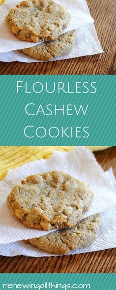 flourless cashew cookies on a napkin with bananas in the background and text overlay that reads, flourless cashew cookies