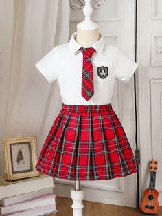 2pcs Young Girl Casual Shirt And Plaid Skirt Outfit, Back-To-School Season Red Casual    Geometric,Tartan  Non-Stretch  Young Girls Clothing, size features are:Bust: ,Length: ,Sleeve Length: Back To School Outfits Skirt, Plaid Skirt Outfit, Custom Uniform, Cute Twins, Rock Outfit, School Dresses, Skirt Outfit, Plaid Skirt, Plaid Skirts