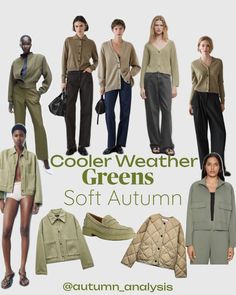 an advertisement for the cool weather greens soft autumn collection, featuring women in jackets and pants