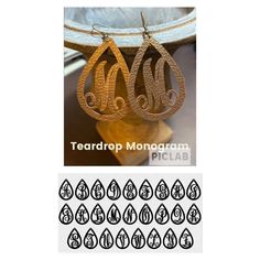 the teardrop monogram earrings are shown in different sizes and shapes, along with an additional