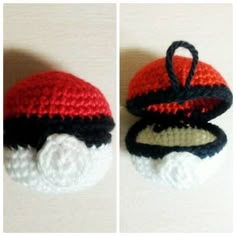 two crocheted hats with black, white and red trims on each one