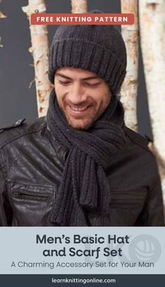 a man wearing a knitted hat and scarf in front of trees with the text men's basic hat and scarf set