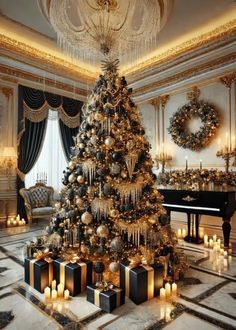 a decorated christmas tree in a fancy room