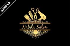 a logo for a hair salon with scissors and combs on the black background stock illustration