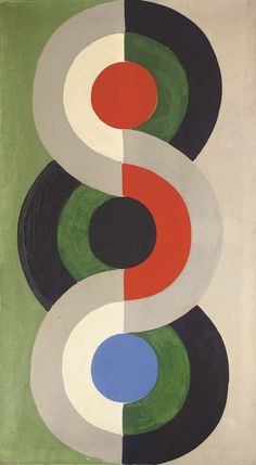 an abstract painting with circles and lines in green, blue, red, white and black