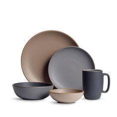 an assortment of grey and beige dinnerware