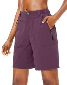 PRICES MAY VARY. Quick Dry Fabric: Stretch nylon material women's hiking shorts, lightweight, moisture wicks and durable, offers cool free movement for summer outdoor activities. Zipper Pocket: Two side zipper pockets and one back zipper pocket with the stylish line, secure storage some travel items for summer trip. Elastic Waist: Classic women's shorts cut, elastic waist, bottom closure type with zipper fly and 1.7'' belt loop constructed for a personalized fit. Waterproof & Sun Protection: Wat Solid Color Cargo Shorts For Outdoor Activities, Solid Short Bottoms For Outdoor, Outdoor Bermuda Shorts With Built-in Liner, Summer Athletic Shorts With Functional Pockets For Outdoor Activities, Casual Bermuda Shorts For Outdoor Activities, Travel Shorts With Pockets, Nylon Athletic Shorts With Side Pockets For Outdoor, Nylon Hiking Shorts With Side Pockets, Nylon Shorts For Travel