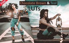 a woman sitting on top of a wooden bench next to a poster with the words chocolate brown and teal