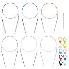 six different colored glasses and needles on a white background with the same color in each