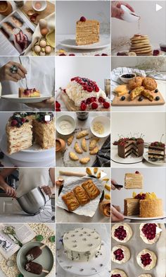 a collage of photos showing different types of cakes and pastries, including strawberries