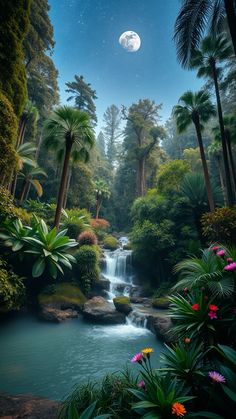 a river flowing through a lush green forest under a full moon