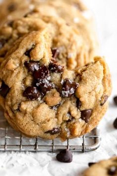 chocolate chip cookies cooling on a wire rack