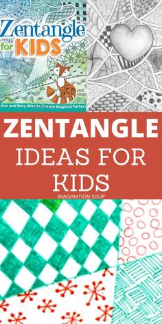 the cover of an adult coloring book, with text overlaying it that reads zentanglee ideas for kids