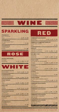 a menu for wine and sparkling red is displayed on a piece of paper with the words, rose white