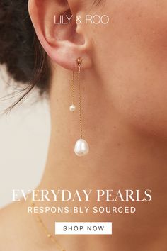 a woman's ear is shown with the words everyday pearls, responsible sound and shop now