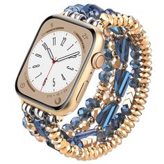 an apple watch with gold and blue bracelets