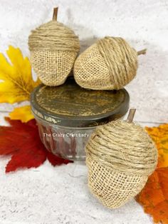 some twine wrapped apples sitting on top of each other in front of fall leaves