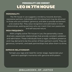 a poster with the words, personality and minds leo in 7th house on it's side