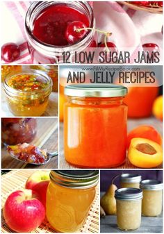 jars filled with jams and fruit on top of a table