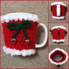 crocheted coffee cup cozyies with bells and bows on them, all in red and white