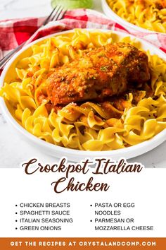 the flyer for crockpot italian chicken with pasta and sauce on it, in front of