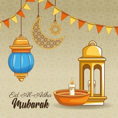 an eid al - adha mubarak greeting card with lantern and lamp