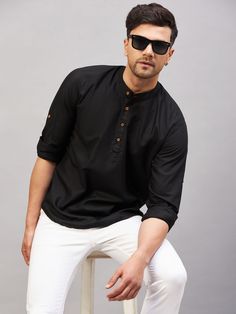 Vastramay Men's Black Short Cotton Kurta Black Straight Kurta For Casual Wear, Casual Black Straight Kurta, Casual Black Festive Kurta, Casual Black Kurta For Summer, Black Straight Kurta For Summer, Traditional Black Summer Kurta, Black Traditional Summer Kurta, Fitted Black Kurta For Summer, Kurta Men