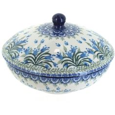 a blue and white bowl with a lid