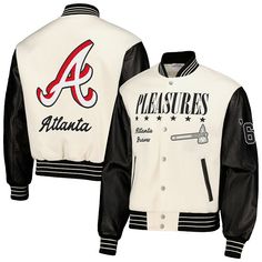 Elevate your Atlanta Braves collection by adding this full-snap Varsity jacket to your wardrobe. It features an original Atlanta Braves design with Chenille details and faux leather sleeves for an eye-catching, modern look. Quilted lining and a cozy midweight construction help you sustain warmth and comfort.Elevate your Atlanta Braves collection by adding this full-snap Varsity jacket to your wardrobe. It features an original Atlanta Braves design with Chenille details and faux leather sleeves f Leather Sleeves, Leather Sleeve, Atlanta Braves, Varsity Jacket, Atlanta, Coats Jackets, Faux Leather, Leather Jacket, Wardrobe