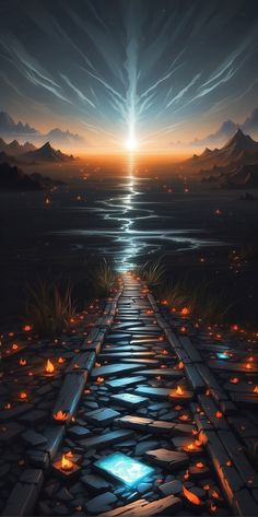 a painting of a path leading to the sun with candles on it and mountains in the background