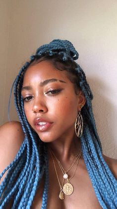 Ice Blue Box Braids, Blue Box Braids Hairstyles, Blue Braids Aesthetic, Blue Protective Hairstyles, Hair Rasta Braids, Blue Twists For Black Women, Box Braids Inspo Color, Half And Half Hair Color Box Braids, Colored Box Braids Inspiration