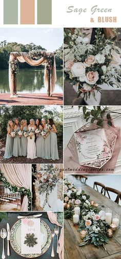 a collage of photos with flowers and greenery on the table, in shades of pink