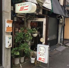 a store front with many plants and signs on the side of it's building