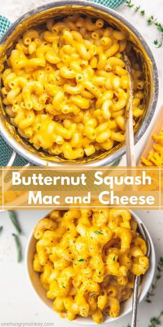 butternut squash macaroni and cheese in a bowl with a spoon on the side