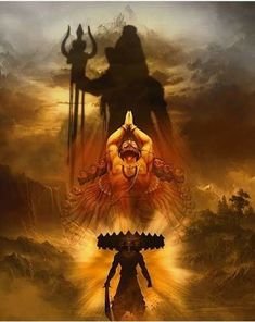 an image of a man standing in front of a giant demon