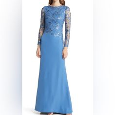 On Sale Is A Tadashi Shoji Sequin Lace Long Sleeve Crepe Gown In A Size 14. It Is New Without Tags. The Measurements Are Approximations Width (Pit To Pit)- 19 3/4 Inches Waistline- 17 3/4 Inches Light Blue Formal Dress With Sweep Train, Light Blue Floor-length Gown For Gala, Formal Light Blue Dress With Sweep Train, Embellished Blue Silk Gown, Fitted Light Blue Long Sleeve Gown, Fitted Light Blue Evening Gown, Light Blue Floor-length Maxi Dress For Evening, Blue Long Sleeve Mother Of The Bride Dress, Blue Long Sleeve Dress For Mother Of The Bride