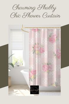 a pink shower curtain with roses on it and the words charming shabby chic shower curtain