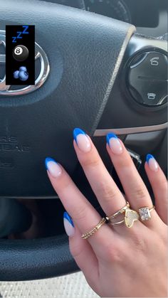 Acrylic Nails For Blue Dress, Blue Almond Nails With Flowers, Nails To Go With Blue Dress Prom, Simple White And Blue Nails, Blue Nail Ideas Almond, Nails For Blue Prom Dress, Prom Nails For Royal Blue Dress, Mail Inspo 2024 Spring, Simple Summer Nails Blue