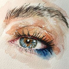 an eye with long lashes and blue eyeshade is shown in this watercolor painting