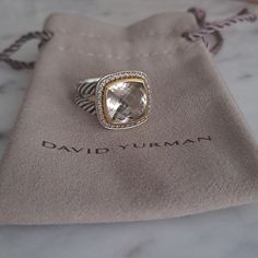 Authentic David Yurman. Vintage Albion Ring. Prasiolite With Diamonds. Marked D.Y., 925 For Sterling Silver And 750 For 18k Gold. Approximately A Size 6 In Great Pre-Owned Vintage Condition...Nothing Major To Note. Timeless And Classic. Versatile And Practical. Great For Everyday Wear. Stunning Piece Of Jewelry. Easy And Comfortable To Wear. Luxury White Gold Diamond Ring With Gemstone Accents, Luxury White Gold Rings With Gemstone Accents, Designer Silver Diamond Ring For Formal Occasions, Designer White Gold Gemstone Jewelry, Designer White Gold Jewelry With Gemstones, Luxury Sterling Silver Diamond Ring With Gemstone Accents, Luxury Sterling Silver Diamond Ring With Gemstone, Silver Rings With Diamond Accents For Everyday Luxury, Designer White Rings For Gifts